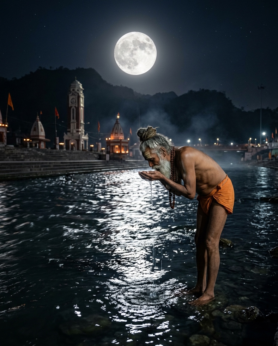 A sadhu drinks Ganga water from his cupped hands where the light of the Sharad Purnima full moon falls on the river at Har Ki Pauri, Haridwar (image made with AI)